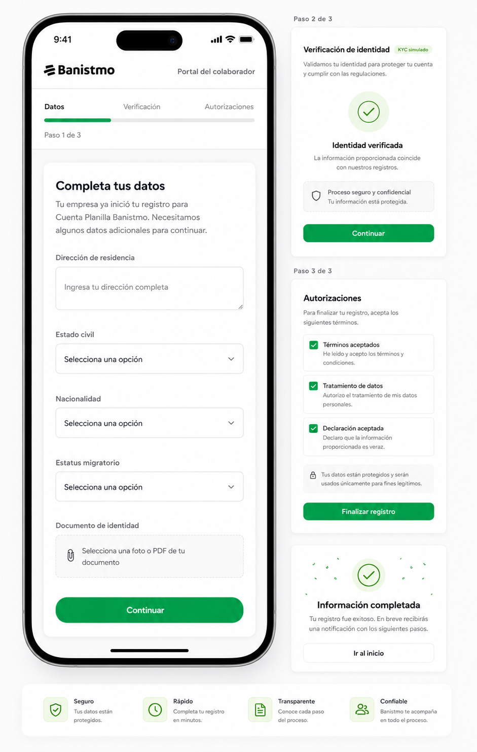 Portal móvil del colaborador con los pasos de datos personales, verificación KYC simulada y autorizaciones